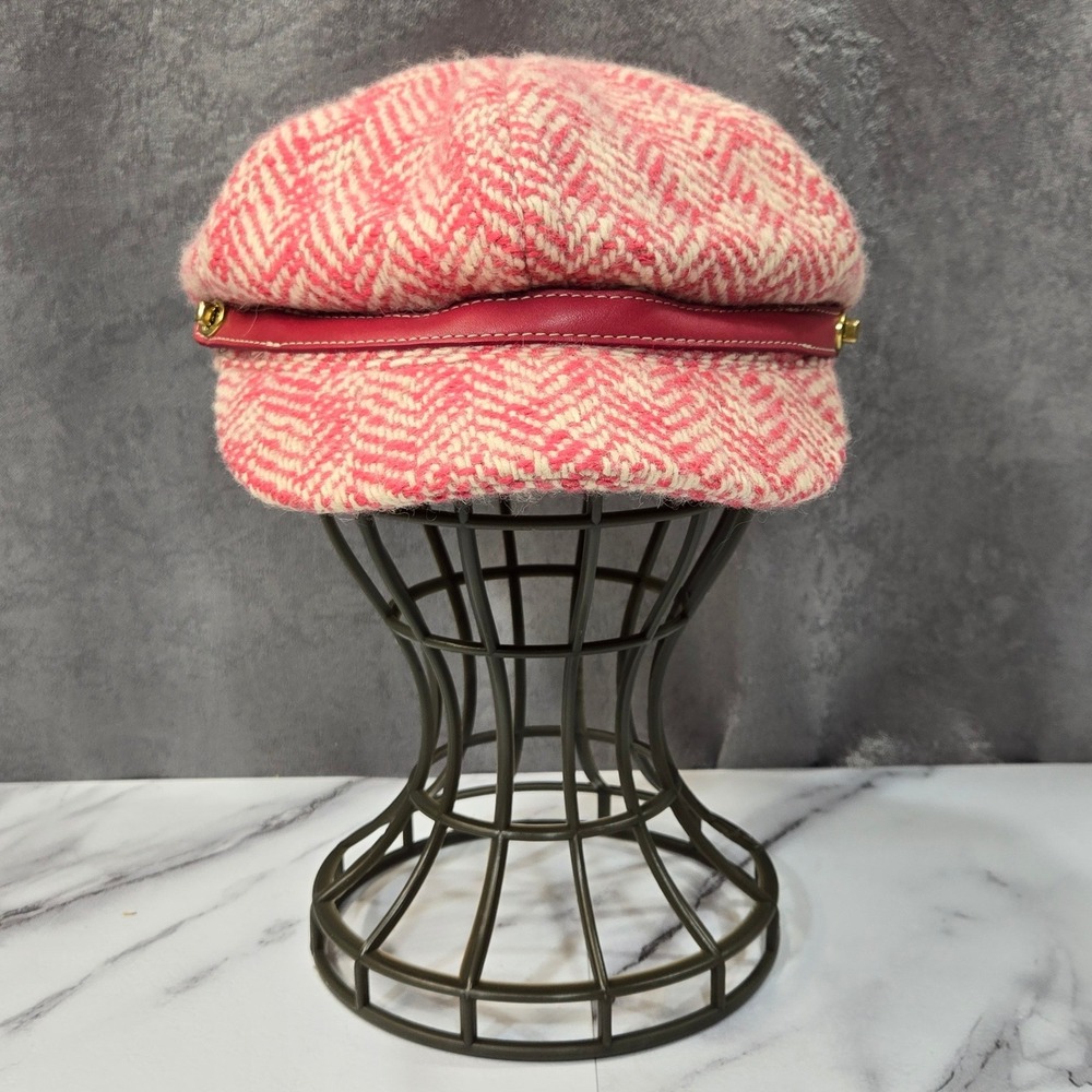 Coach Newsboy Cap Hat Womens P/S Pink Herringbone Tweed Wool Mohair Leather Y2K